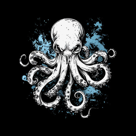 Octopus hand drawn vector illustration on black background. T-shirt print design.のイラスト素材