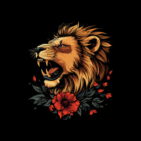 Lion head with flowers. Vector illustration on a black background.のイラスト素材