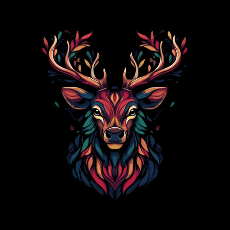Deer head with antlers, colorful vector illustration on black background.のイラスト素材