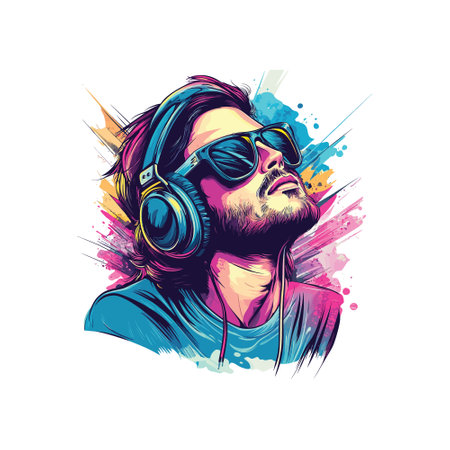 Hipster man with headphones and colorful blots. Vector illustration.