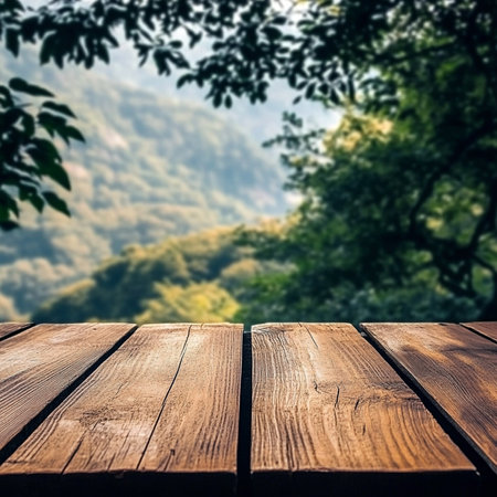 Empty table for product display montages. Wooden background with forest view.の素材