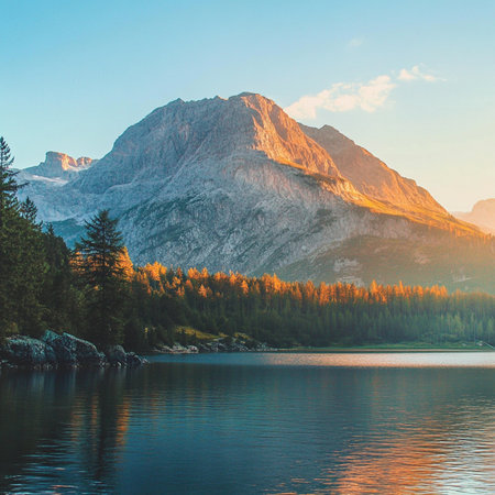 Mountain lake in the Dolomites at sunrise, Italy.の素材