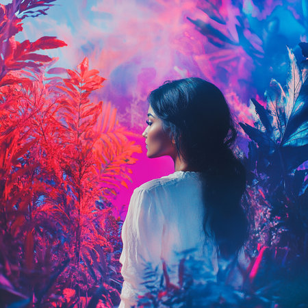 Portrait of a beautiful young brunette woman in the garden.の素材