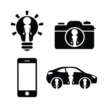smartphone, car, light bulb and car icons set over white background, silhouette style, vector...