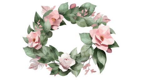 Watercolor floral wreath with pink roses and green leaves. Vector illustration.のイラスト素材