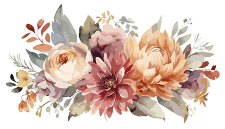 Watercolor bouquet with dahlias and eucalyptus. Vector illustrationのイラスト素材