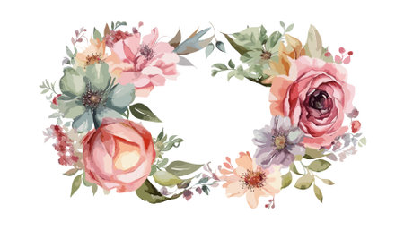 Watercolor vector floral wreath with roses, peonies and leaves.のイラスト素材