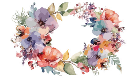 Watercolor vector floral wreath with roses, peonies and leaves.のイラスト素材