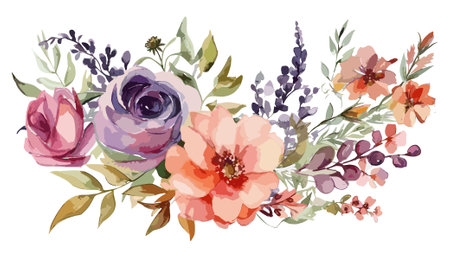 Vector watercolor summer bouquet with peonies, roses and lavenderのイラスト素材