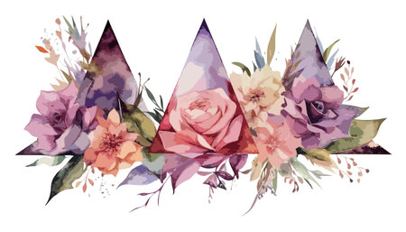 Watercolor geometrical composition with triangle, flowers and leaves.のイラスト素材