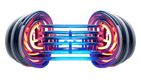 3d rendering of abstract geometric shape in red and blue neon lightsのイラスト素材