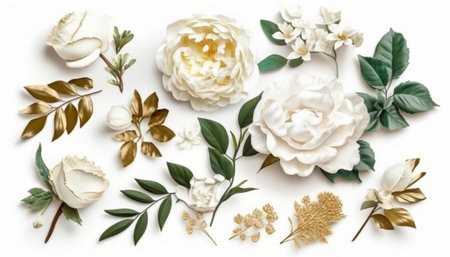 Flowers composition. White roses, leaves, branches on white background. Flat lay, top view, copy spaceの写真素材