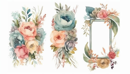 Watercolor hand painted vintage floral frames, flowers and leaves isolated on white backgroundの写真素材