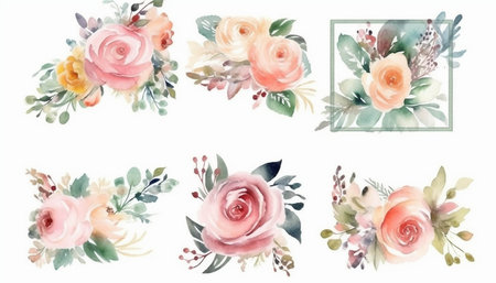 Set of watercolor hand painted flowers, isolated on white background.の写真素材