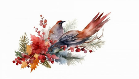 Watercolor Christmas composition with birds and berries. Hand drawn illustration.