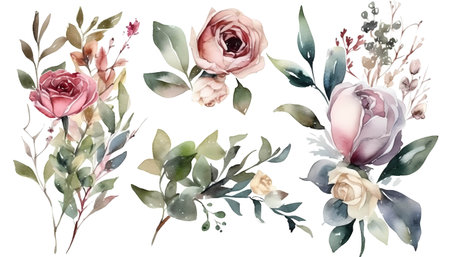 Watercolor flowers set. Hand painted illustration isolated on white background.の写真素材