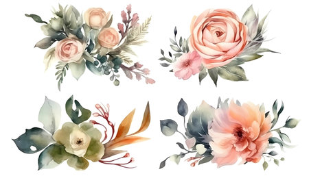 Set of watercolor flowers isolated on white background. Hand drawn illustrationの写真素材