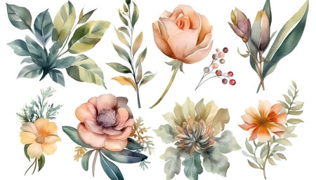 Set of watercolor flowers. Hand-drawn illustration. Isolated on white background.の写真素材