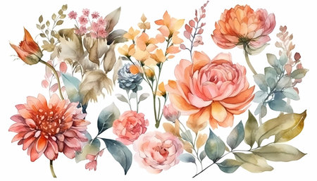 Watercolor bouquet of flowers. Isolated on a white backgroundの写真素材