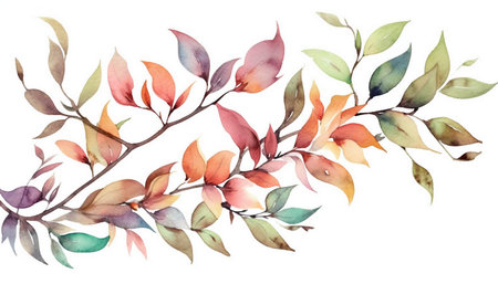 Watercolor branch with leaves. Hand painted illustration on white background.の写真素材