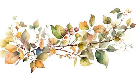 Watercolor autumn branch with leaves and berries. Hand drawn illustration.の写真素材