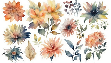 Set of watercolor flowers isolated on white background. Hand drawn illustrationの写真素材