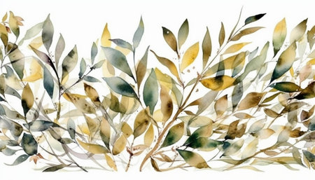 Watercolor and ink illustration of tree branches with leaves. Oriental traditional painting.の写真素材