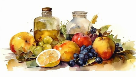 Watercolor still life with fruits and bottle of wine on white backgroundの写真素材