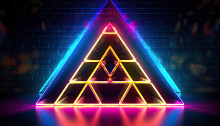Neon triangle pyramid on a brick wall background. 3d illustrationの写真素材