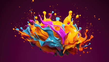 Colored paint splashes isolated on purple background. 3d rendering