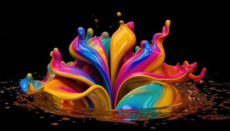 Colorful paint splashes isolated on black background. 3d renderingの写真素材
