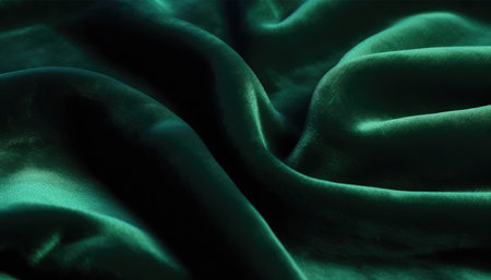 Green satin fabric texture background. Closeup of rippled green satin fabric