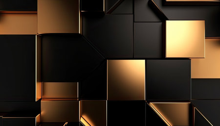 3d rendering of abstract metallic background. Reflective surface with golden cubes.