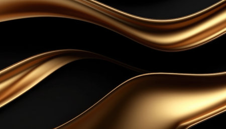 Golden abstract wavy lines on black background. 3d render illustrationの写真素材
