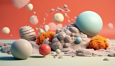 3d render of an abstract background with balls, clouds and stars
