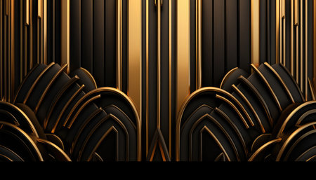 3D render of abstract metallic background with gold and black elements.の写真素材