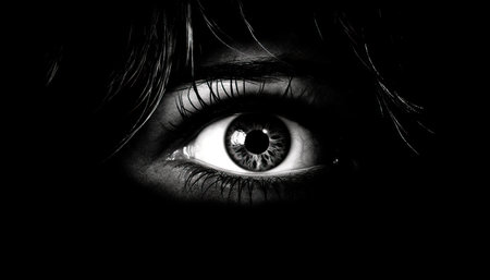 A close up shot of a woman's eye with a black backgroundの素材