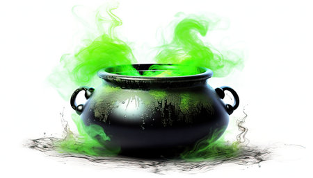 Witch's cauldron with green smoke on a white background.