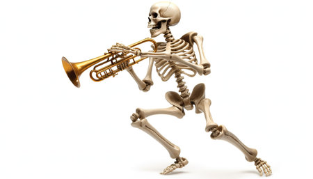 Human skeleton playing the trumpet on a white background. 3d illustration