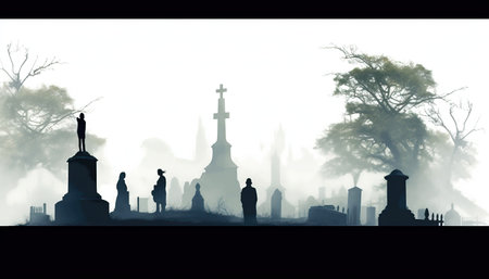 Silhouette of cemetery in the fog. 3D rendering.の素材