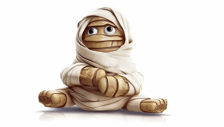 Illustration of a mummy sitting on the floor with a white backgroundの写真素材
