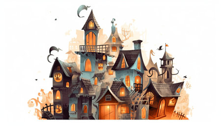 Halloween illustration with haunted house and ghosts.の写真素材