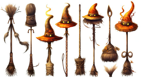 Set of witch's hats and broom isolated on white background.の素材