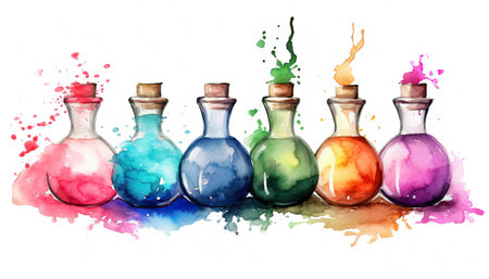 Watercolor colorful magic potion bottles. Hand drawn illustration isolated on white backgroundの写真素材