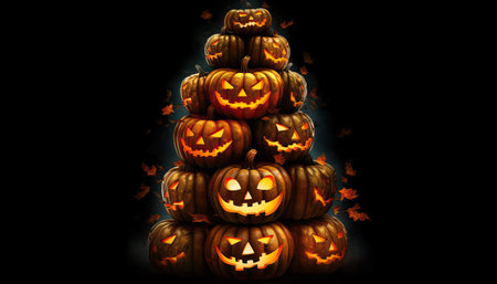 Halloween pumpkins on black background, 3d render illustration.