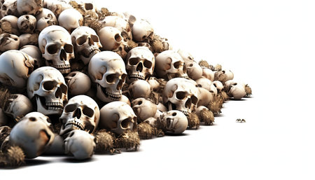 Human skulls on a white background. 3d rendering, 3d illustration.の素材