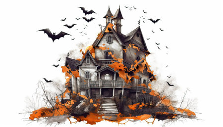 Halloween background with haunted house and flying bats on white background.
