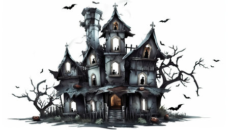 Halloween illustration with haunted house and bats on white background - digital painting