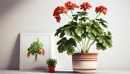 Flowerpot with geraniums in the interior. 3D rendering