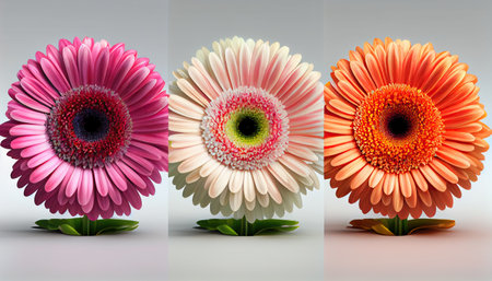 Three colorful gerbera daisies on a white background.の素材